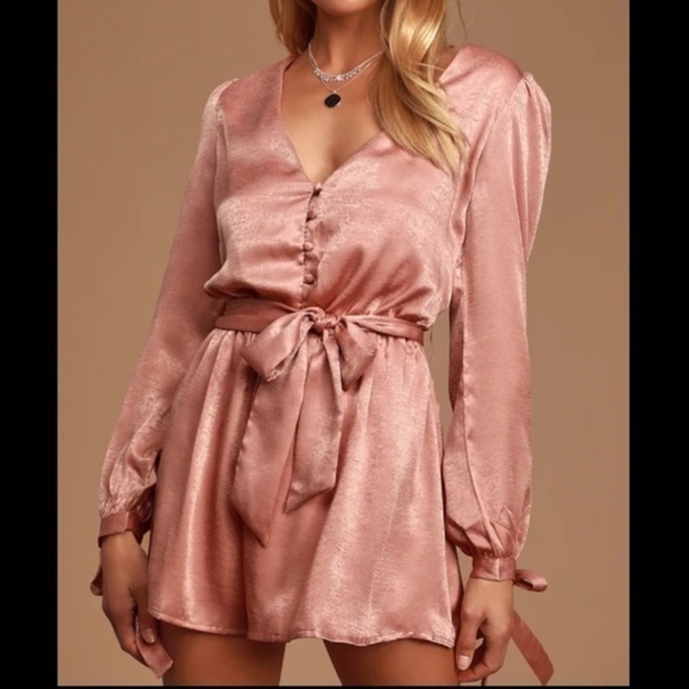 NWT Lulus pink satin wrap romper with belt moments of love